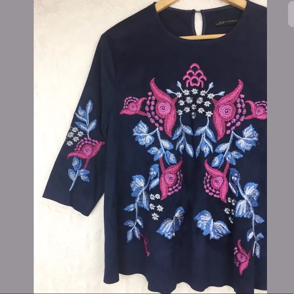 Zara woman Faux Suede Embroidered Floral Blouse - Picture 4 of 8